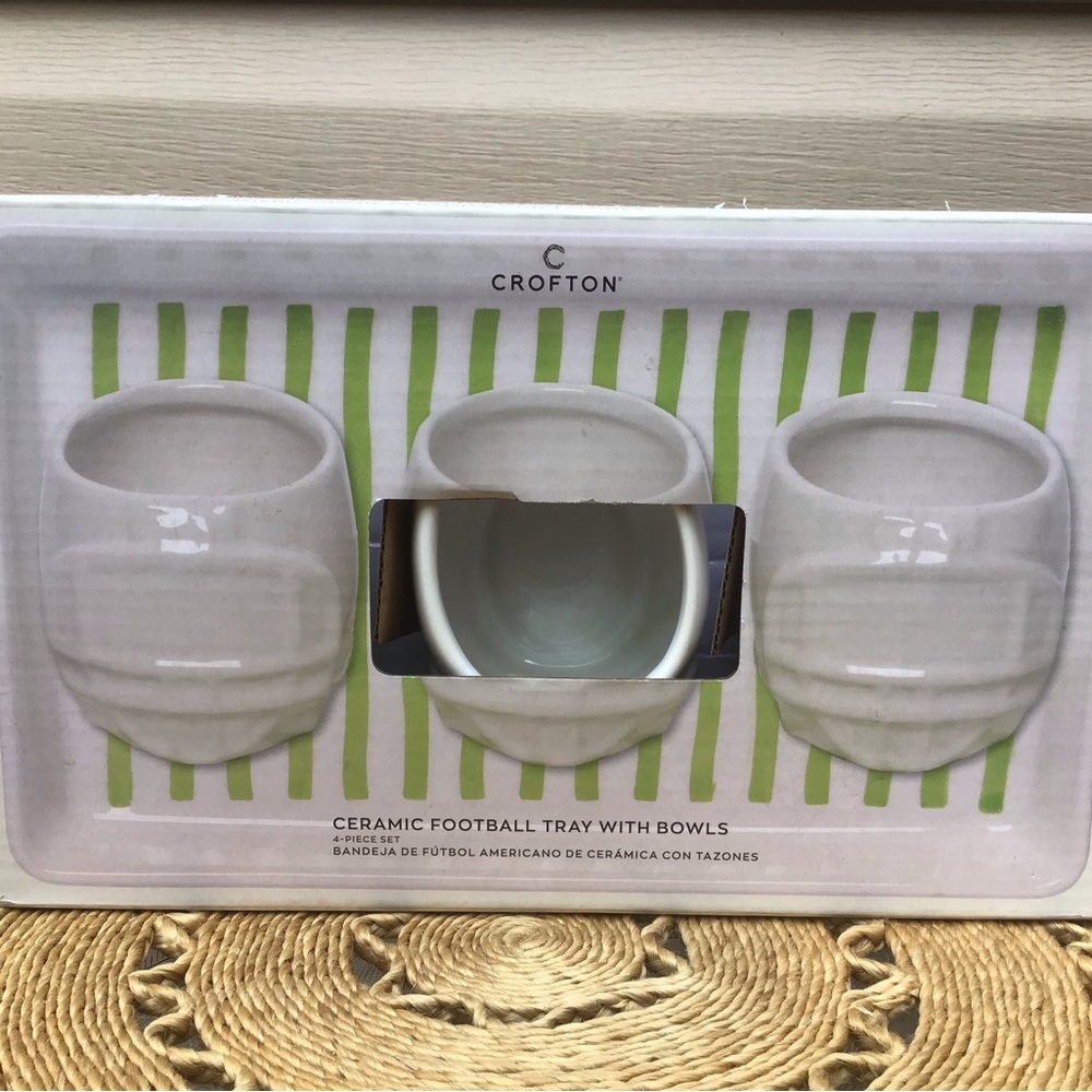 New in Box Ceramic Football Tray with White Bowls by Crofton